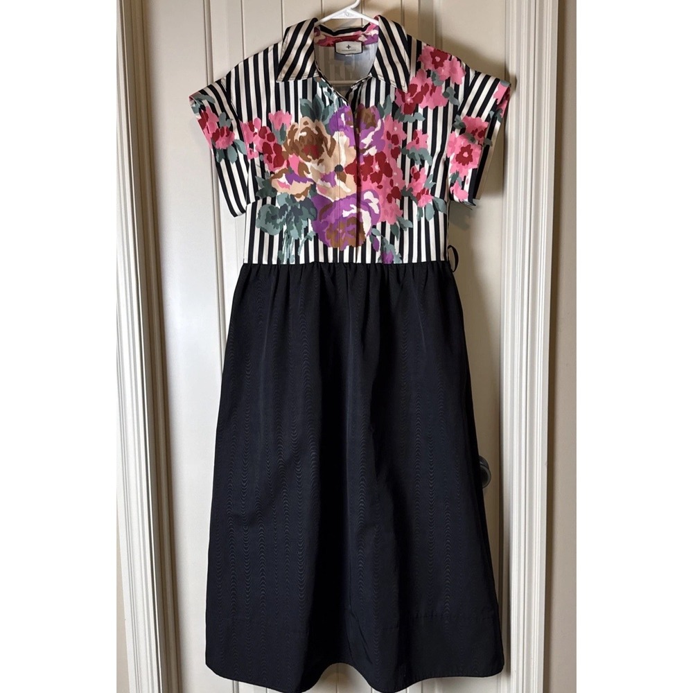 Tuckernuck Black Midi Dress with Pink Floral & Black-White Striped Bodice